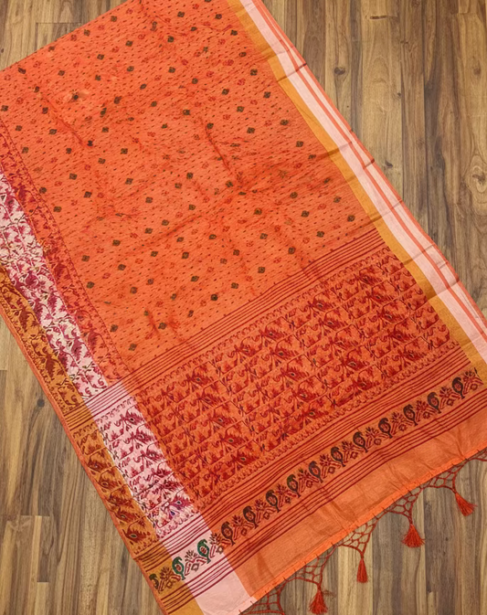 VLS 486 – Peach-Orange Linen Cotton Printed Saree with Tassels & Plain Border Blouse