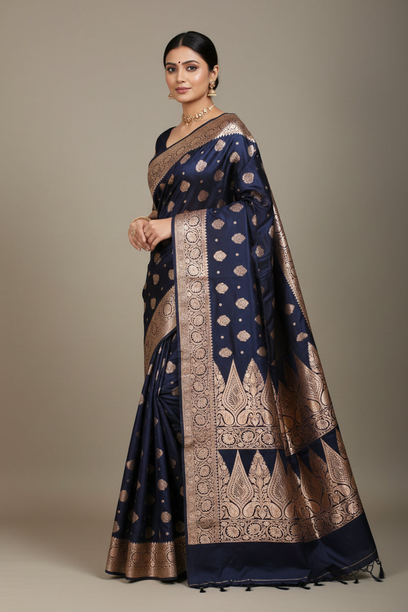 💙 VLS 476 – Navy Blue Mashru Katan Silk Banarasi Saree 💙
