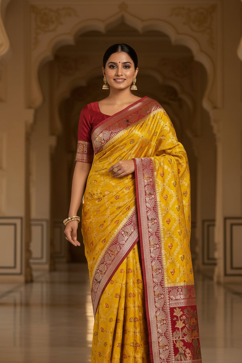 VLS 487 – Yellow Gold Mashru Silk Saree with Red Contrast & Bootidar Blouse