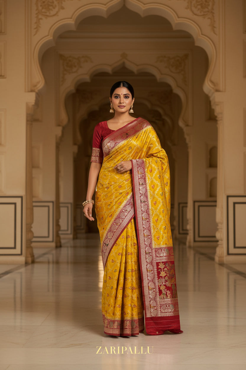VLS 487 – Yellow Gold Mashru Silk Saree with Red Contrast & Bootidar Blouse