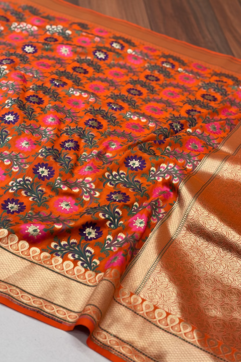 VLS 485 – Orange Pure Silk Banarasi Chauthera Saree with Multicolor Resham Meenakari