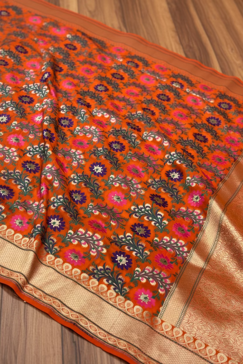 VLS 485 – Orange Pure Silk Banarasi Chauthera Saree with Multicolor Resham Meenakari