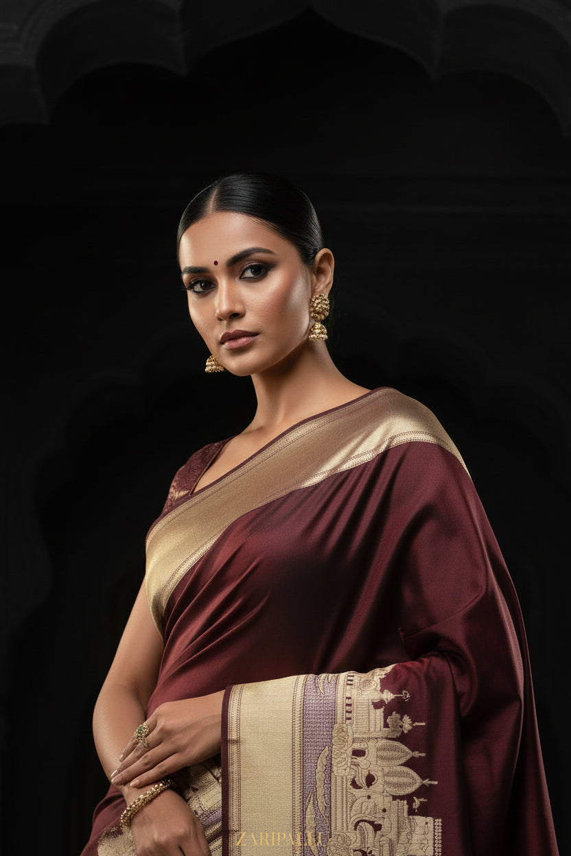 VLS 484 – Luxury Pure Silk Katan Banarasi Saree in Dark Brownish Maroon with Famous Ghat Design