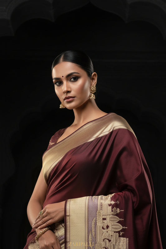 VLS 484 – Luxury Pure Silk Katan Banarasi Saree in Dark Brownish Maroon with Famous Ghat Design
