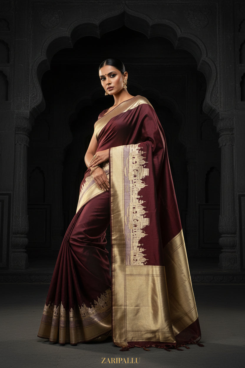 VLS 484 – Luxury Pure Silk Katan Banarasi Saree in Dark Brownish Maroon with Famous Ghat Design