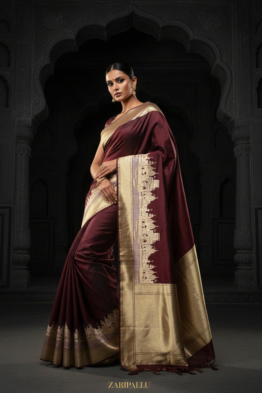 VLS 484 – Luxury Pure Silk Katan Banarasi Saree in Dark Brownish Maroon with Famous Ghat Design