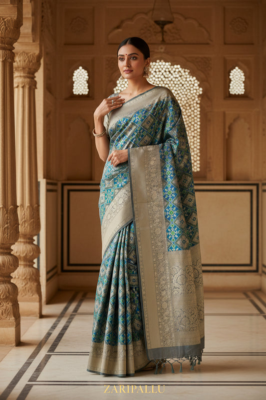VLS 483 – Grey Pure Silk Banarasi Saree with Ghatchola Design & Meenakari Weaving