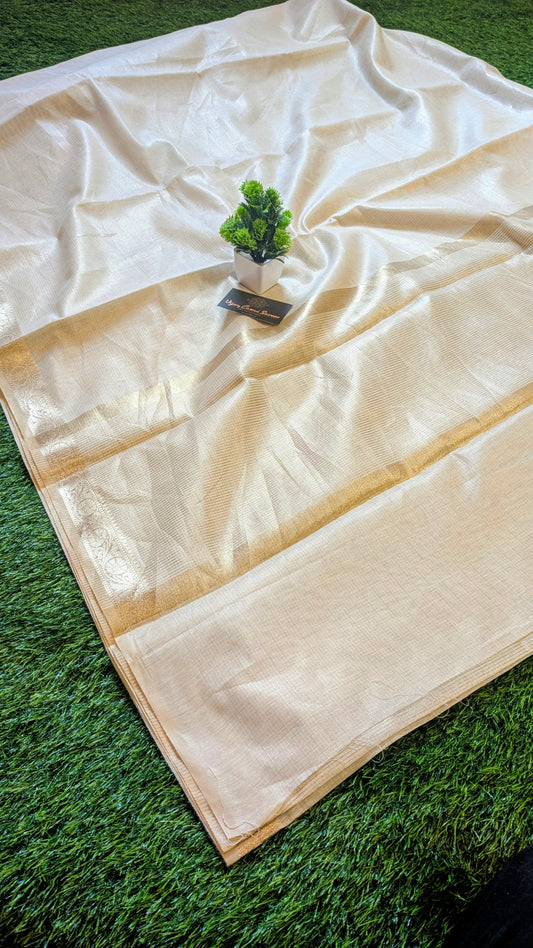 Off-White Tissue Cotton Silk Saree with Tassels and Self-Zari Striped Blouse