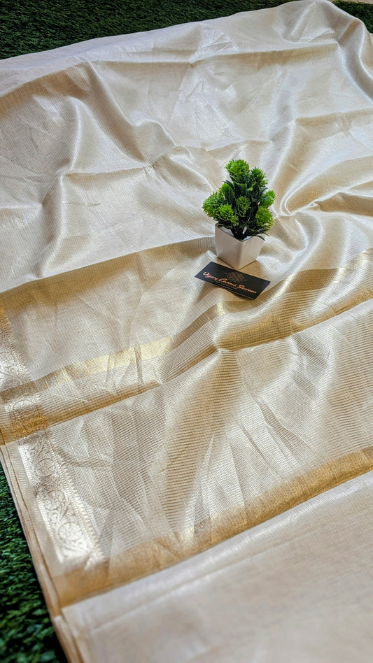Off-White Tissue Cotton Silk Saree with Tassels and Self-Zari Striped Blouse