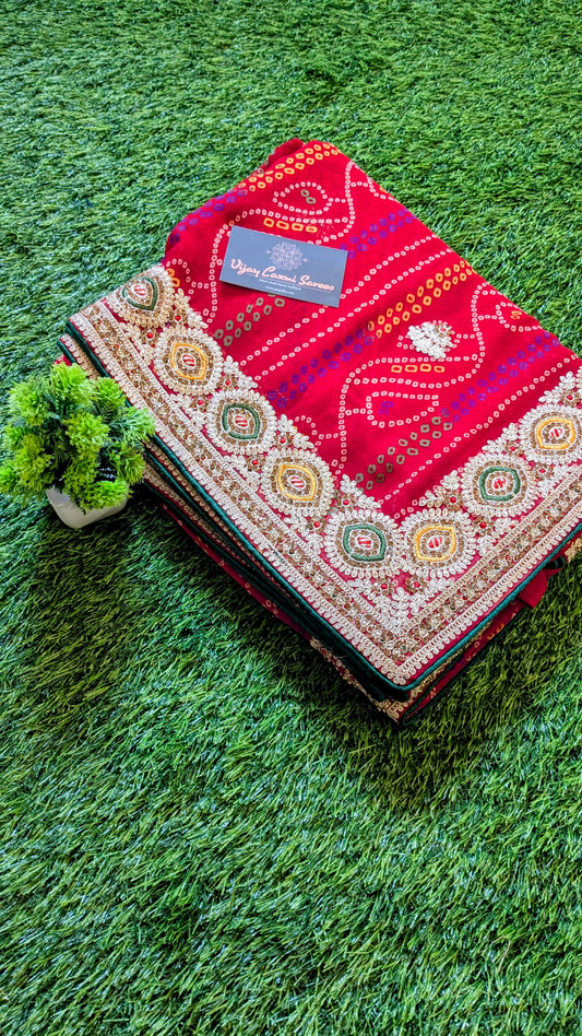 Red Handworked Banarasi Bandhej Saree with Kantha and Rai Dana Boota Work
