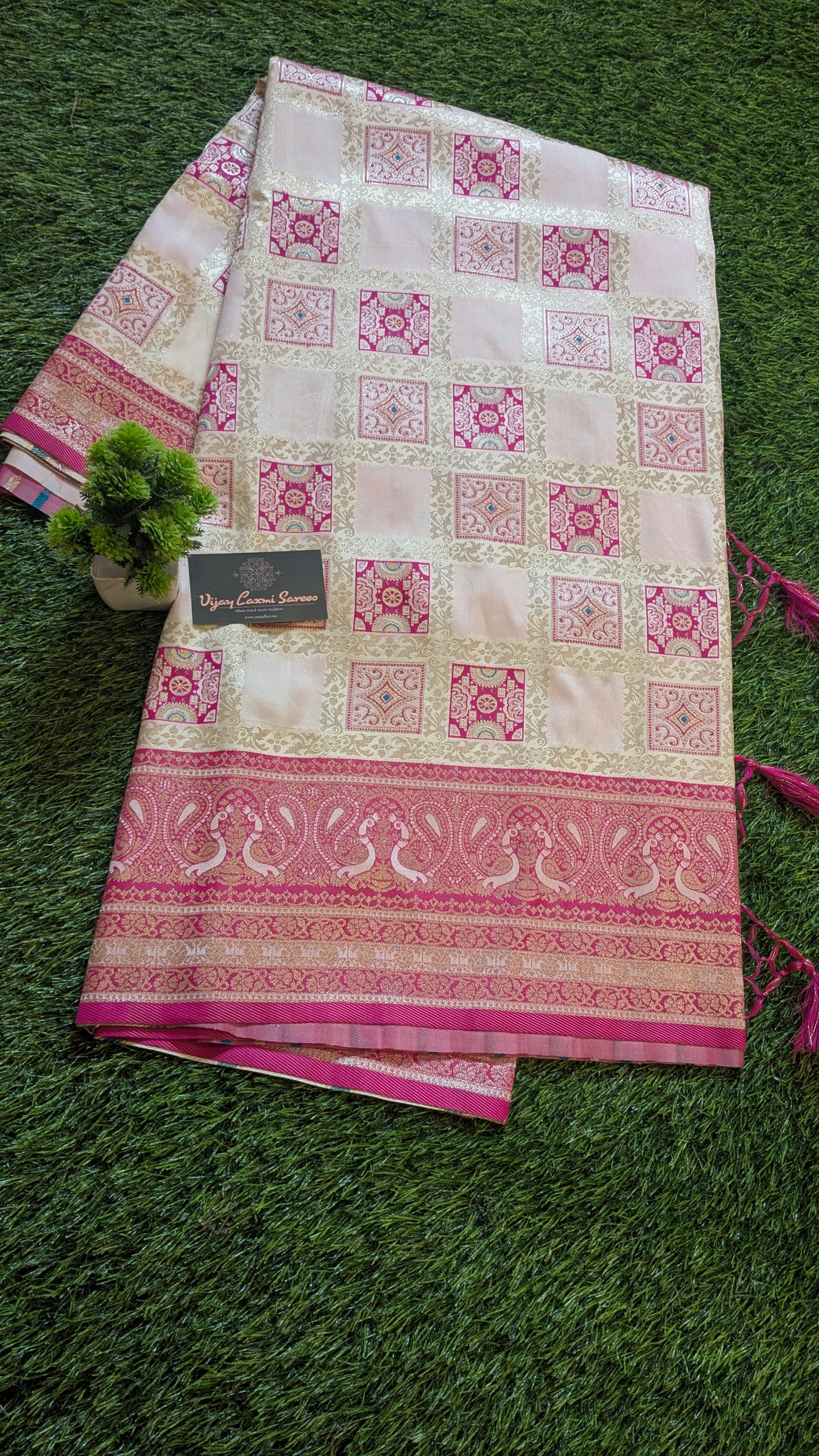 Banarasi Off-White Katan Silk Saree with Royal Ghatchola Design and Peacock Motifs