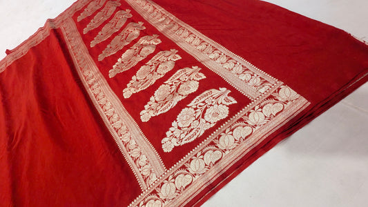 Red colour plain handloom moonga tussar banarasi