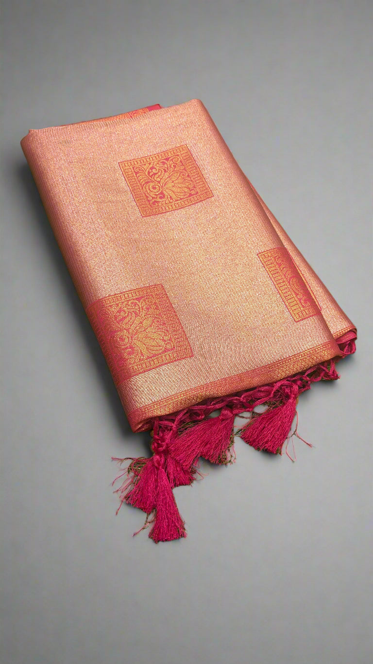 🌸 Royal Pink Tissue Sona-Chandi Soft Silk Saree with Square Motifs