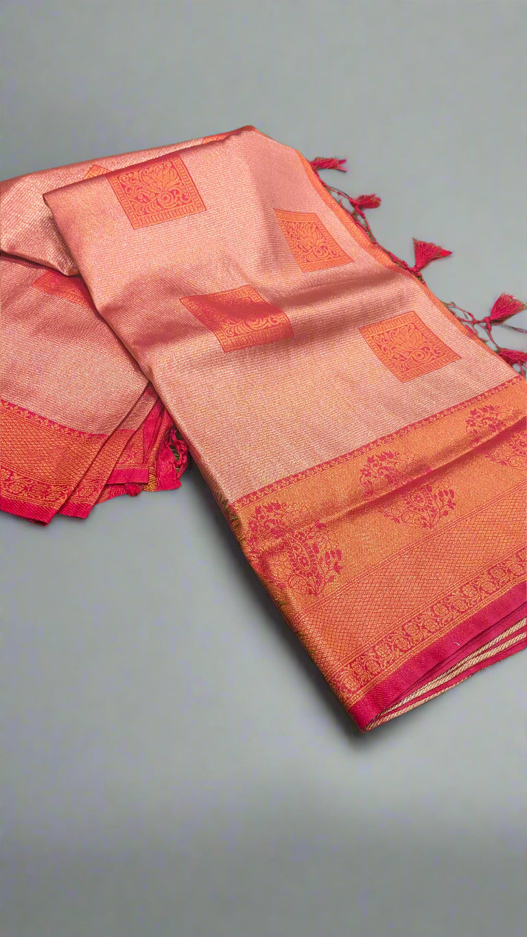 🌸 Royal Pink Tissue Sona-Chandi Soft Silk Saree with Square Motifs