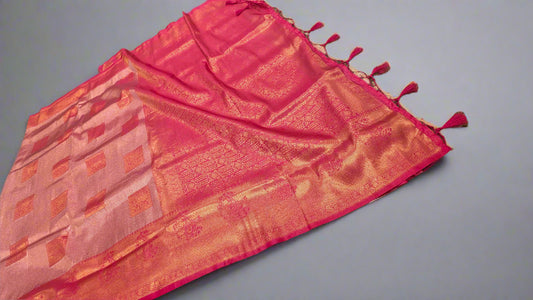 🌸 Royal Pink Tissue Sona-Chandi Soft Silk Saree with Square Motifs