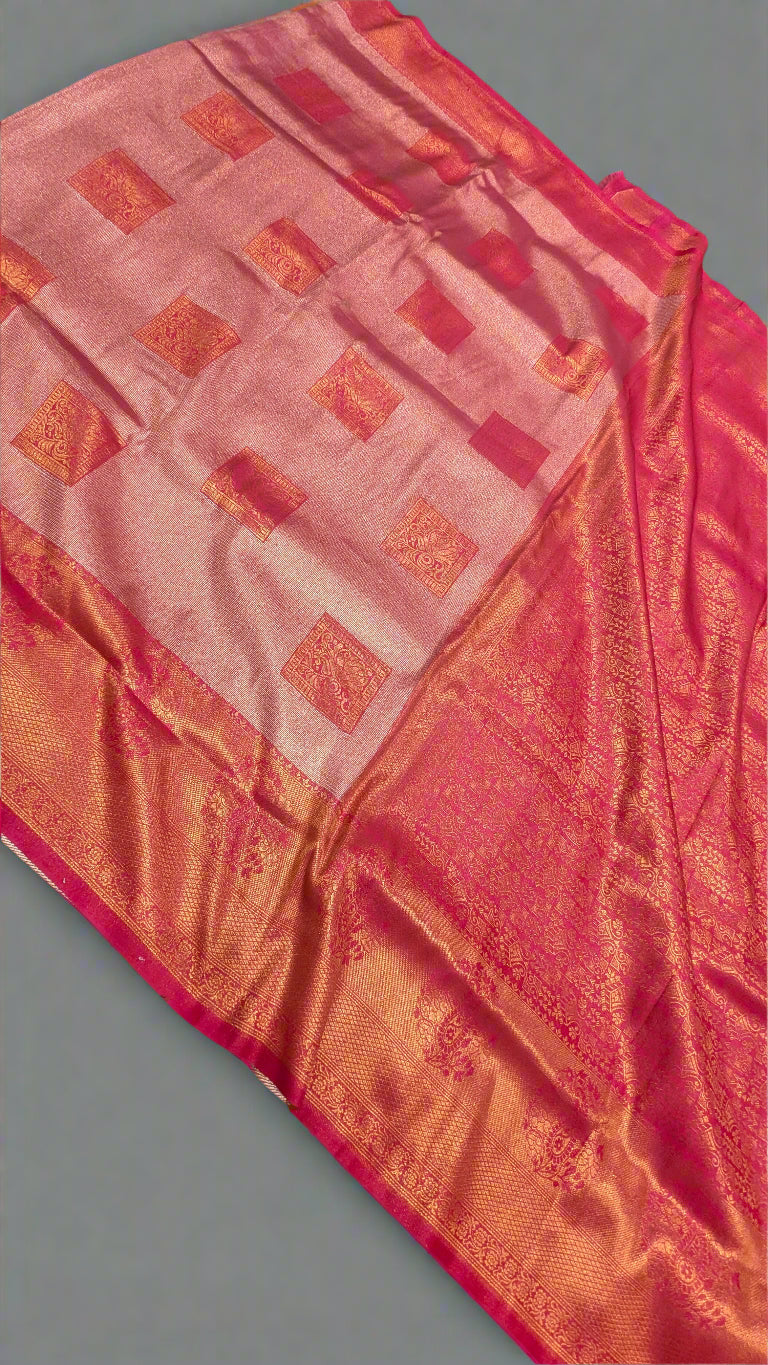 🌸 Royal Pink Tissue Sona-Chandi Soft Silk Saree with Square Motifs