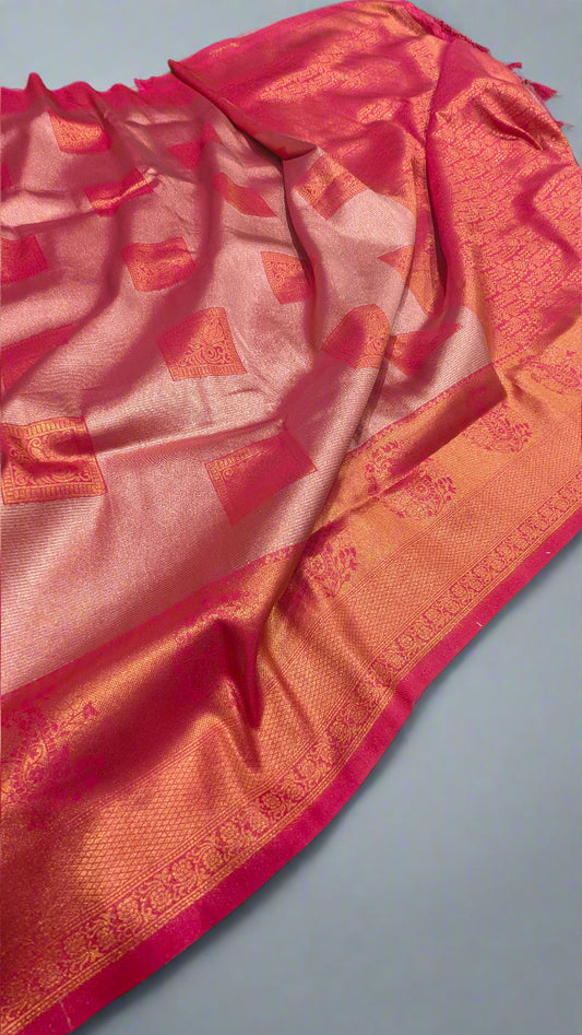 🌸 Royal Pink Tissue Sona-Chandi Soft Silk Saree with Square Motifs