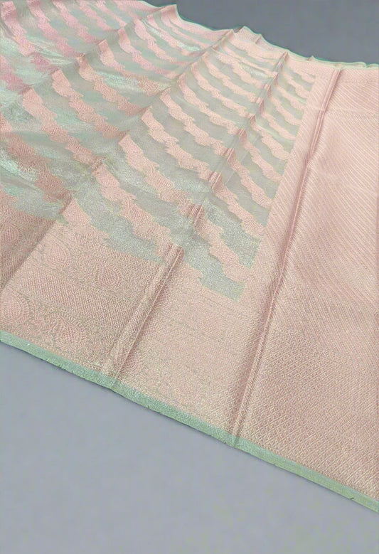 Silver Katan Silk Tissue Saree with Pink Resham Leheriya Weaving