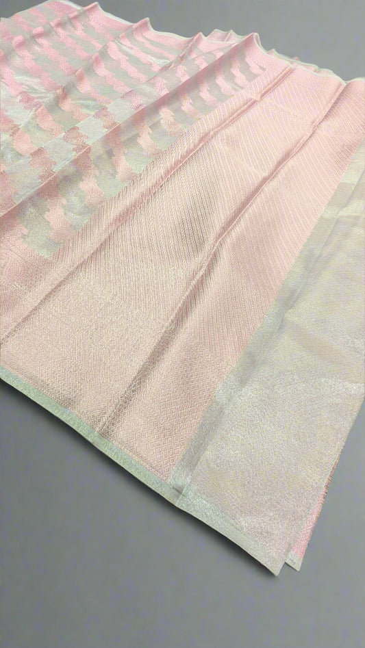 Silver Katan Silk Tissue Saree with Pink Resham Leheriya Weaving