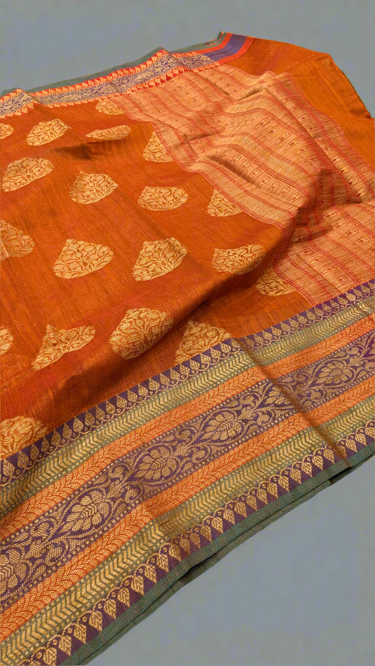 🍁 Mustard Rust Handloom Linen Saree – Bold & Beautiful 🍁