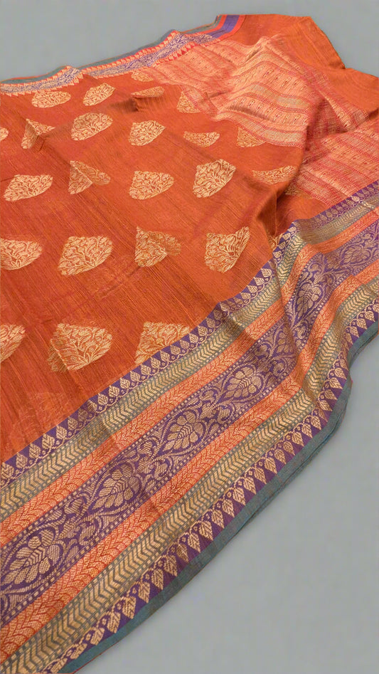 🍁 Mustard Rust Handloom Linen Saree – Bold & Beautiful 🍁