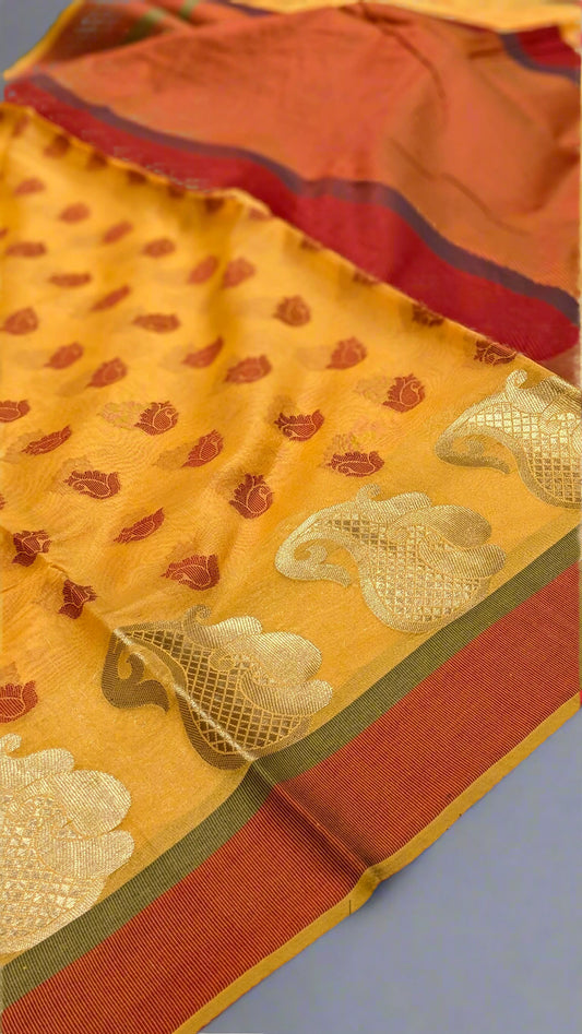 Banarasi Raw Silk Saree – Yellow with Red Boota | Soft & Lightweight | Unbelievable Price
