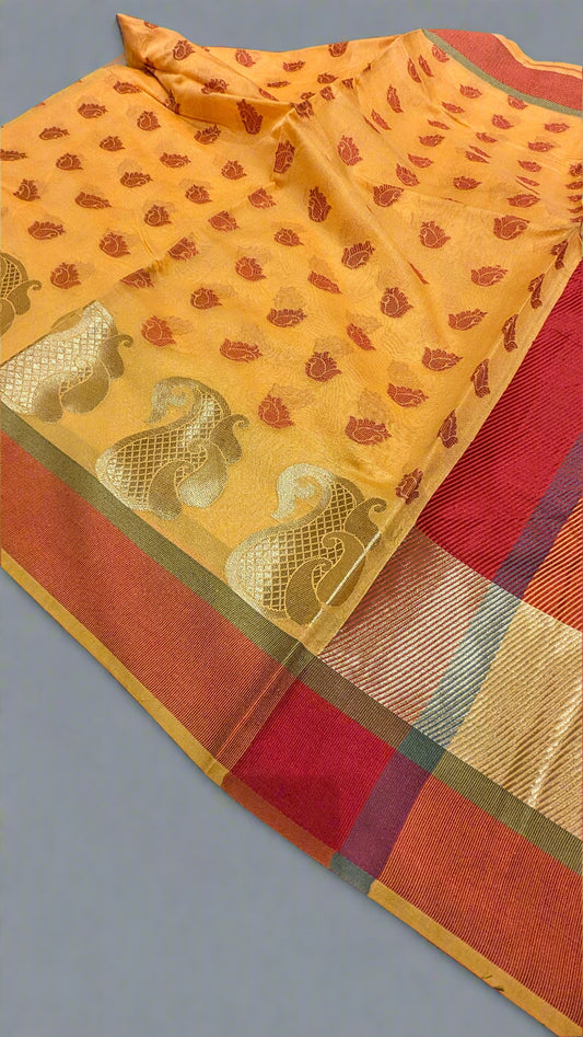 Banarasi Raw Silk Saree – Yellow with Red Boota | Soft & Lightweight | Unbelievable Price
