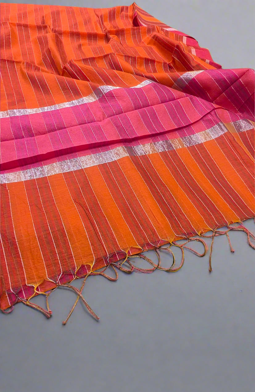 Orange Pure Maheshwari Cotton Saree – Subtle Gharchola Look | Contrast Pallu & Blouse | ₹1199