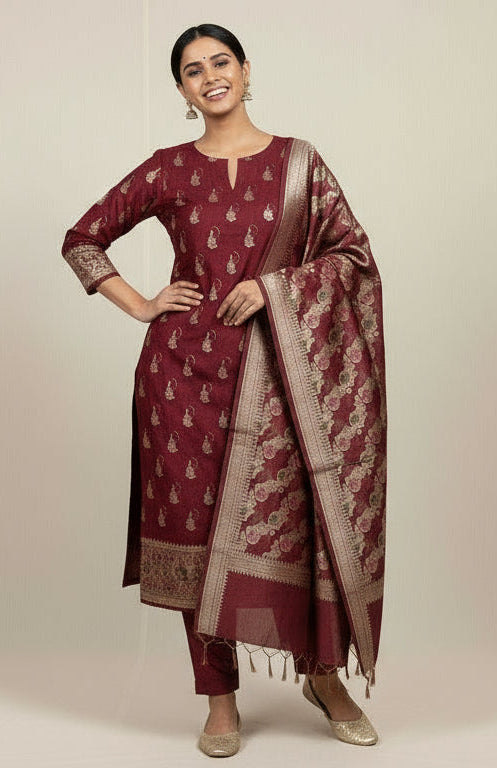 💖 Exclusive Collection – VLS 442 💖 Banarasi Maroon Meenakari 3-Piece Dress Material