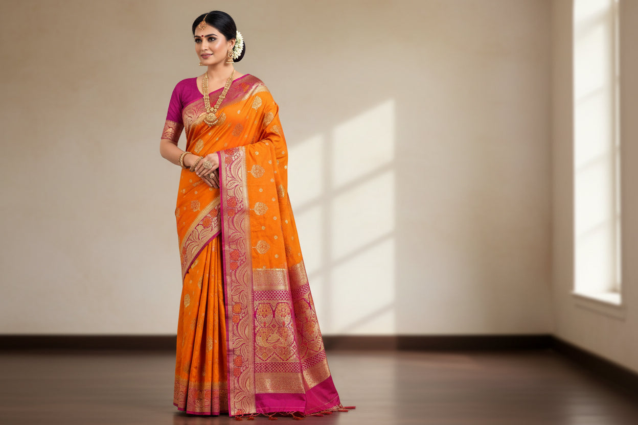 🧡 Exclusive Collection – VLS 443 💖 Banarasi Handloom Saree – Orange with Rani Pink Border (Meenakari Weaving)