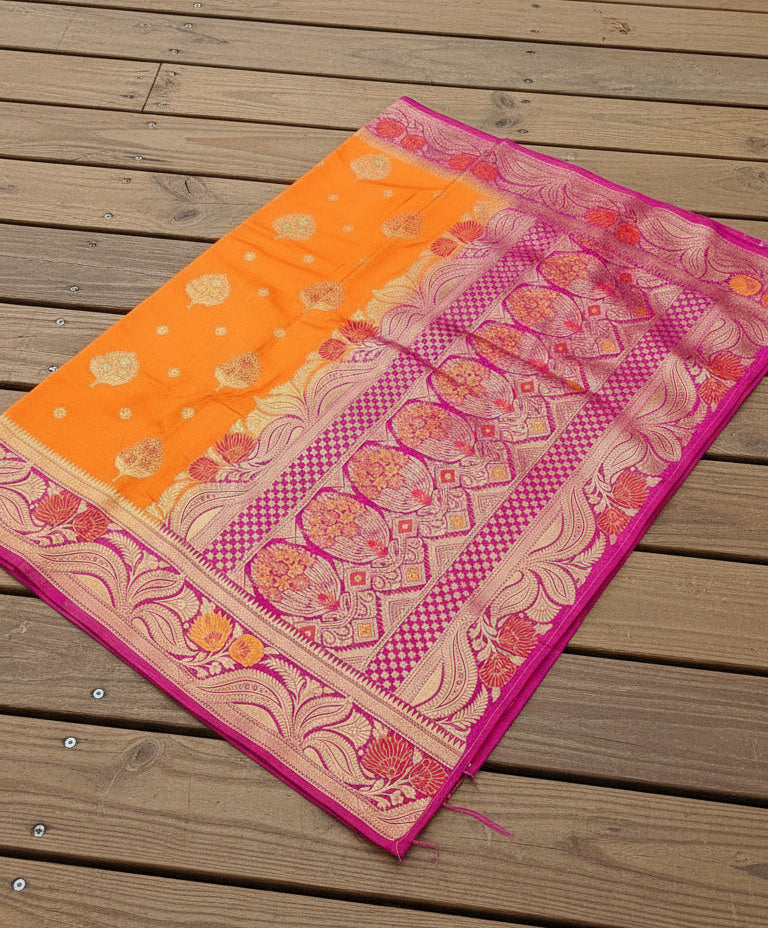 🧡 Exclusive Collection – VLS 443 💖 Banarasi Handloom Saree – Orange with Rani Pink Border (Meenakari Weaving)