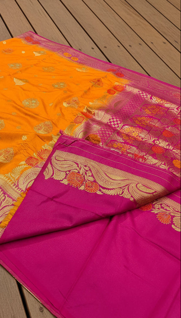 🧡 Exclusive Collection – VLS 443 💖 Banarasi Handloom Saree – Orange with Rani Pink Border (Meenakari Weaving)