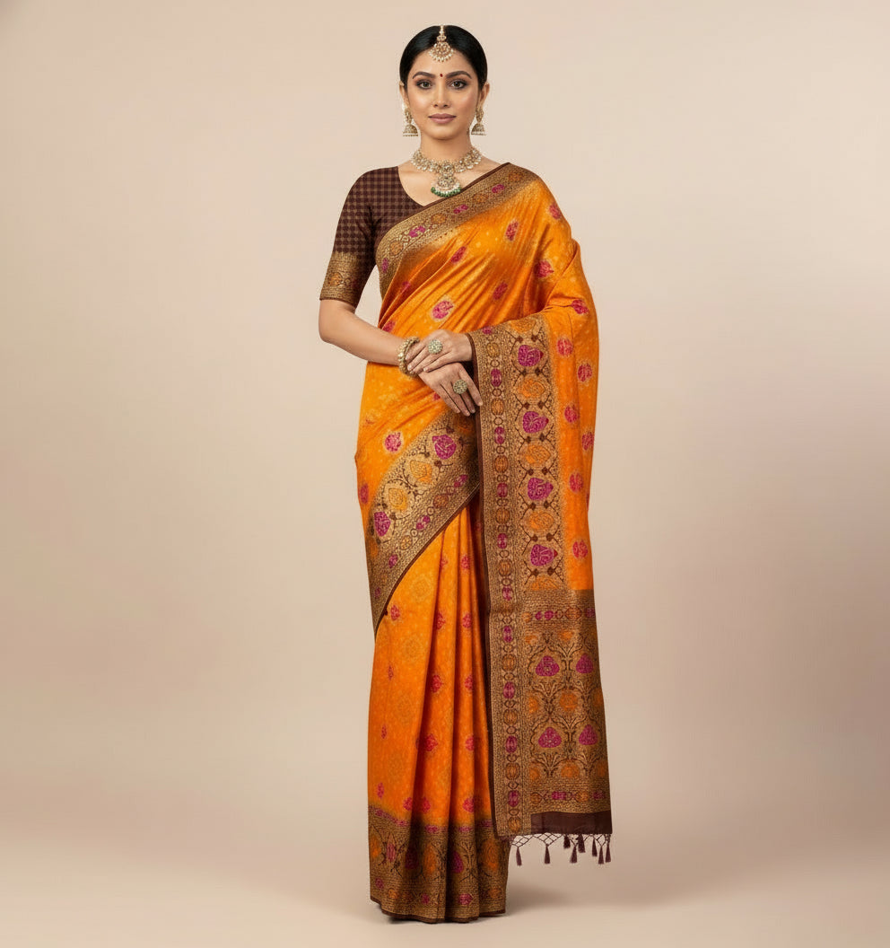 🧡 Banarasi Ghatchola Meenakari Saree – Orange & Brown Elegance  Product Code: VLS-447