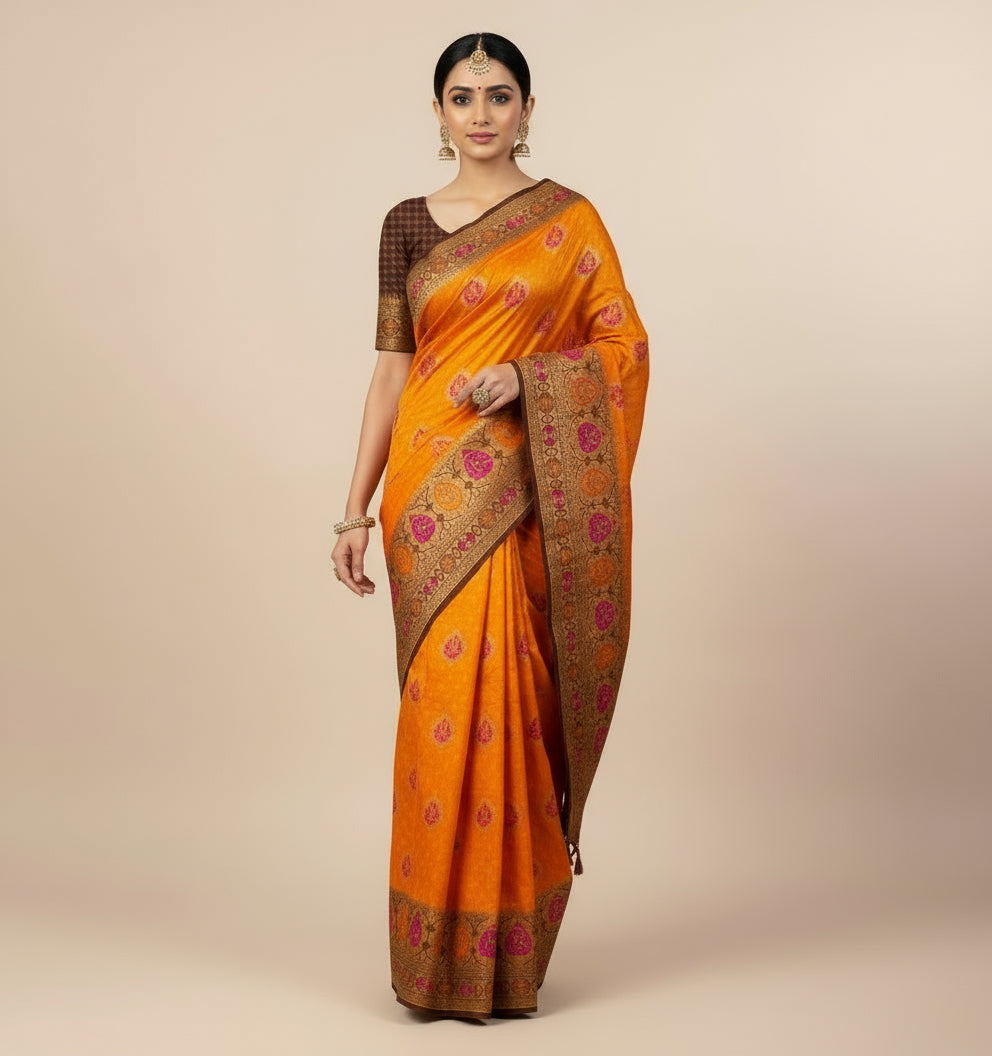🧡 Banarasi Ghatchola Meenakari Saree – Orange & Brown Elegance  Product Code: VLS-447