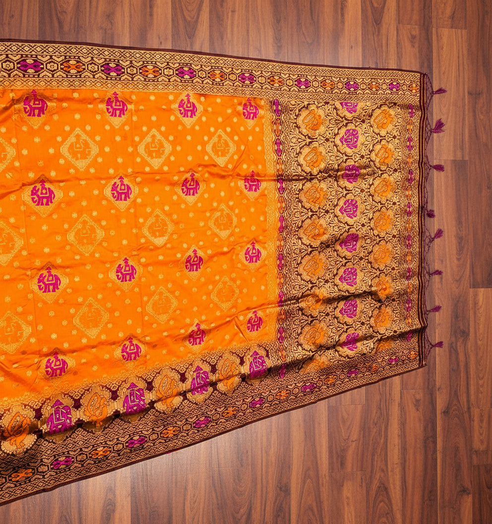🧡 Banarasi Ghatchola Meenakari Saree – Orange & Brown Elegance  Product Code: VLS-447