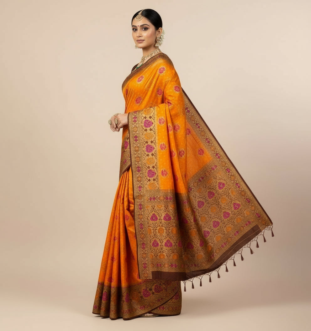 🧡 Banarasi Ghatchola Meenakari Saree – Orange & Brown Elegance  Product Code: VLS-447