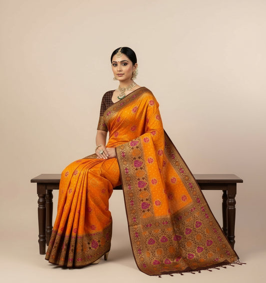 🧡 Banarasi Ghatchola Meenakari Saree – Orange & Brown Elegance  Product Code: VLS-447