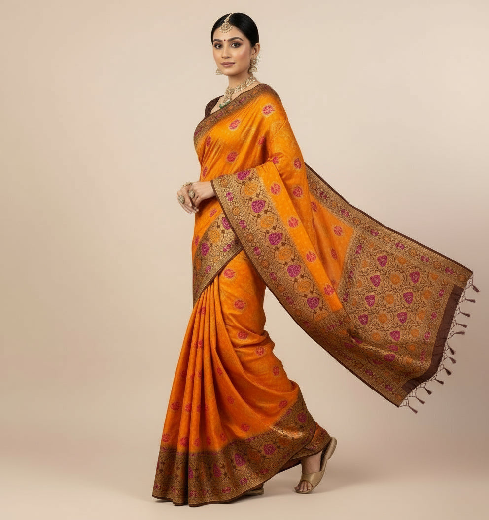 🧡 Banarasi Ghatchola Meenakari Saree – Orange & Brown Elegance  Product Code: VLS-447