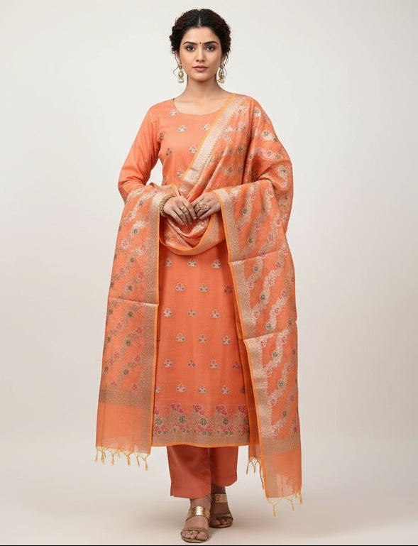 Banarasi Peach Meenakari 3-piece Dress Material (VLS-449)