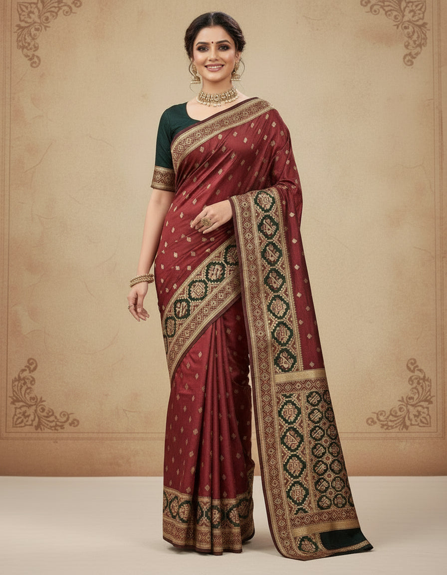 👑 Banarasi Soft Silk Saree – Maroon with Bottle Green Motifs Patola Style Meenakari Border Blouse  Product Code: 461