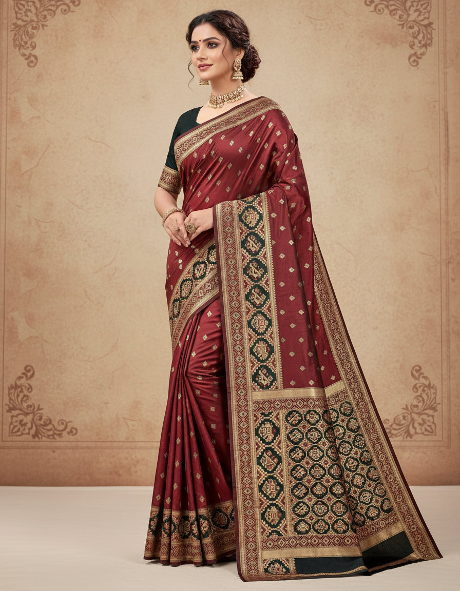👑 Banarasi Soft Silk Saree – Maroon with Bottle Green Motifs Patola Style Meenakari Border Blouse  Product Code: 461