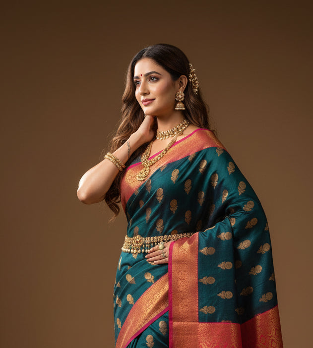 ✨ VLS 466 – Banarasi Soft Organza Contrast Jamewar Silk Saree All-Over Antique Zari Motifs with Rich Brocade Blouse