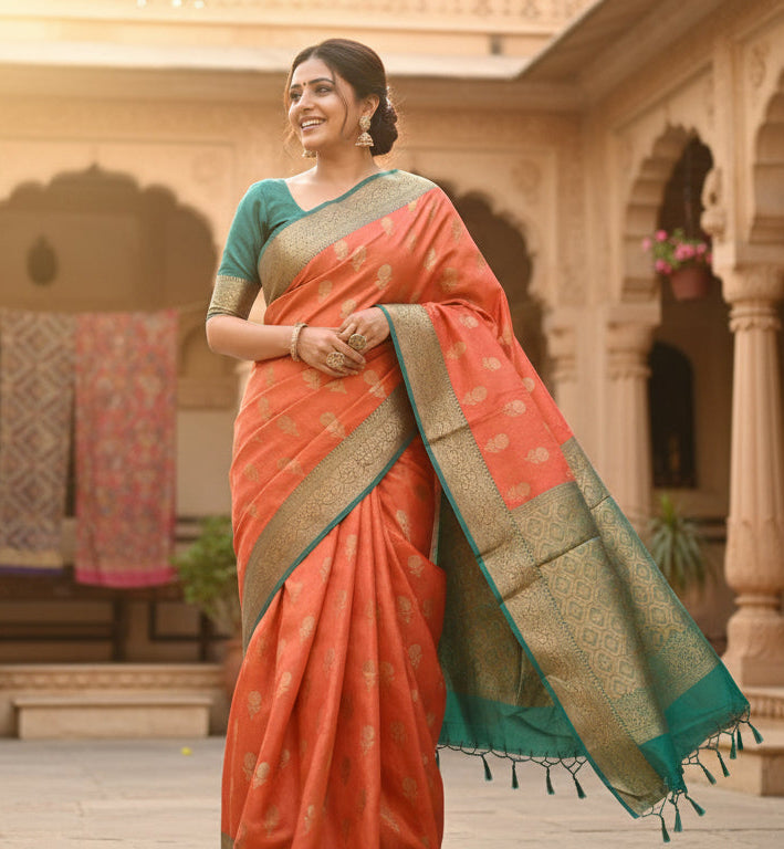 ✨ VLS 466 – Banarasi Soft Organza Contrast Jamewar Silk Saree All-Over Antique Zari Motifs with Rich Brocade Blouse