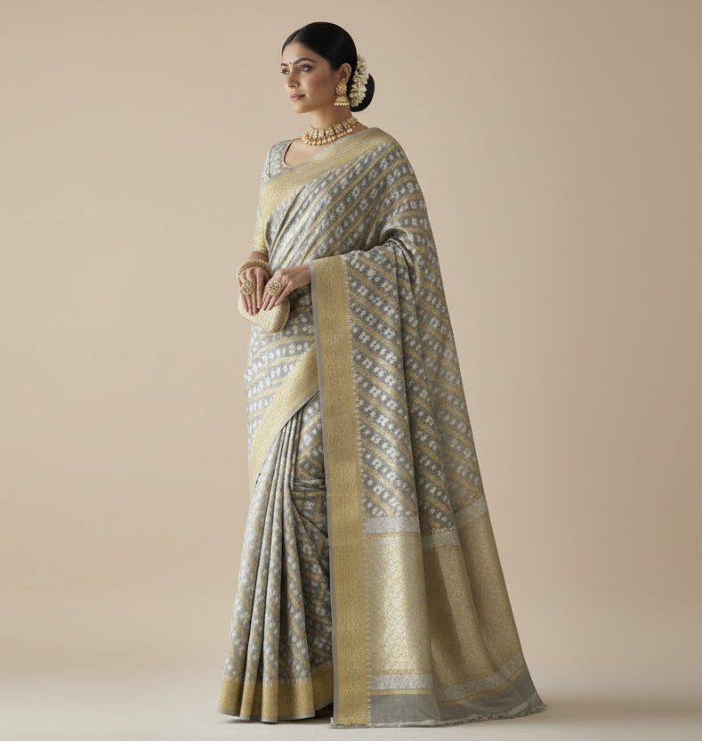 VLS 470 – Mulmul Cotton Banarasi Leheriya Saree with Resham & Zari Weaving