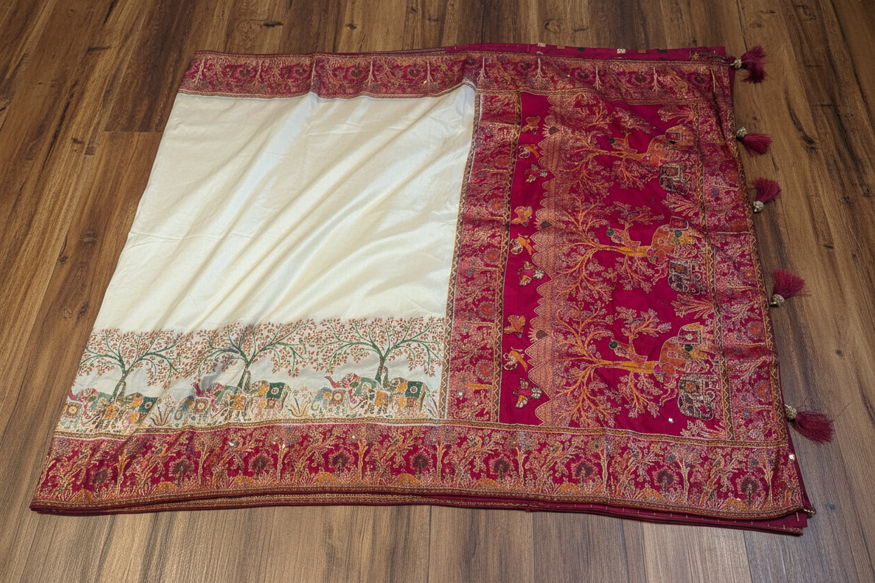 VLS 471 – Dupion Silk Banarasi Saree with Dabka Meenakari Handwork & Madhubani Border