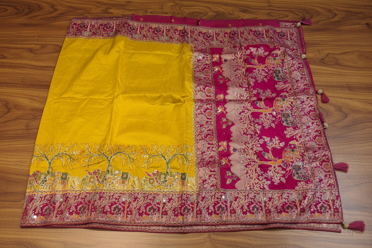 VLS 471 – Dupion Silk Banarasi Saree with Dabka Meenakari Handwork & Madhubani Border