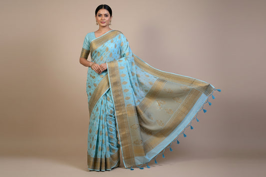VLS 474 | Banarasi Handloom Chiffon Antique Zari Boota Saree with Plain Blouse & Tassels