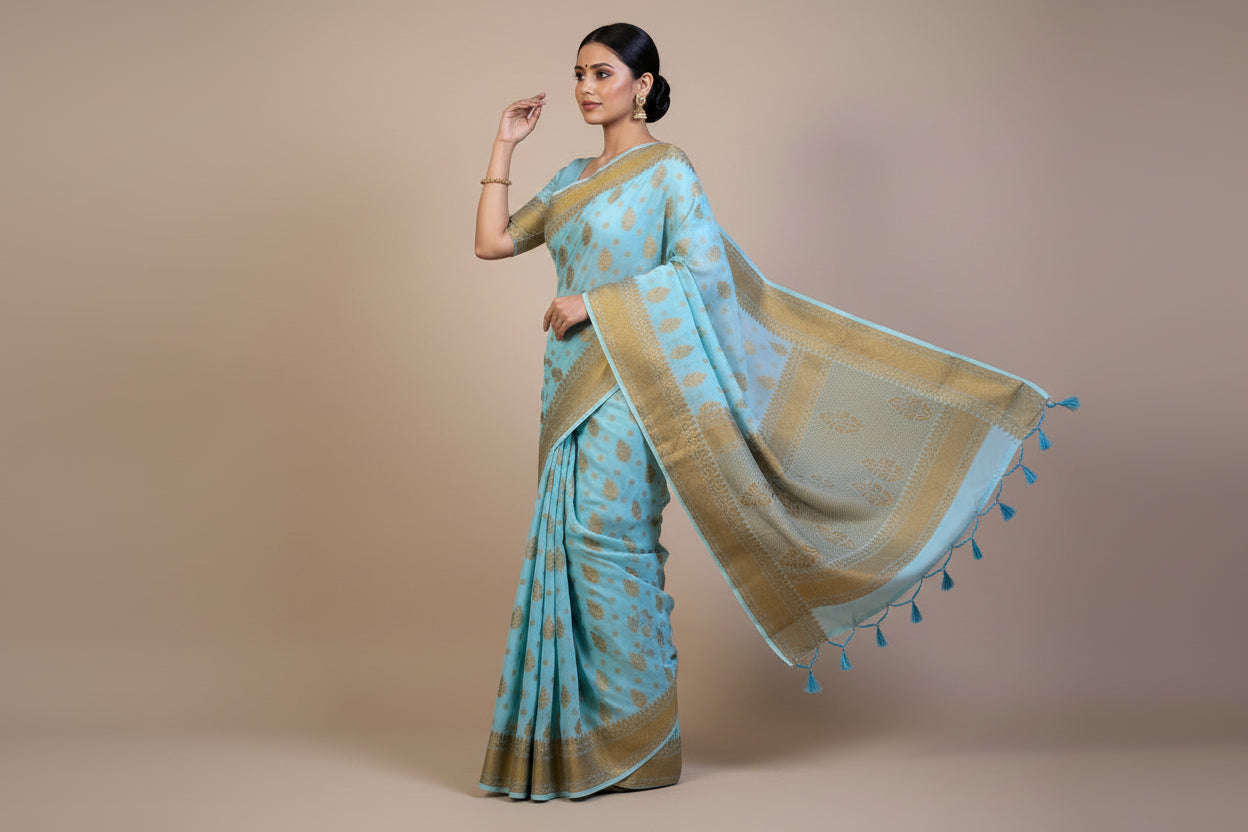 VLS 474 | Banarasi Handloom Chiffon Antique Zari Boota Saree with Plain Blouse & Tassels