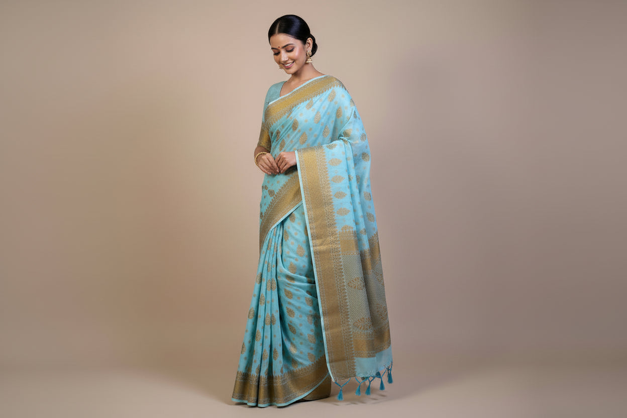 VLS 474 | Banarasi Handloom Chiffon Antique Zari Boota Saree with Plain Blouse & Tassels