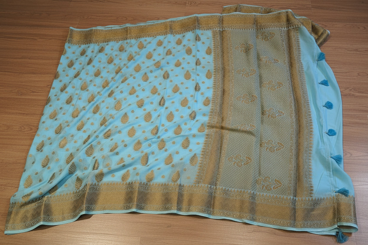VLS 474 | Banarasi Handloom Chiffon Antique Zari Boota Saree with Plain Blouse & Tassels